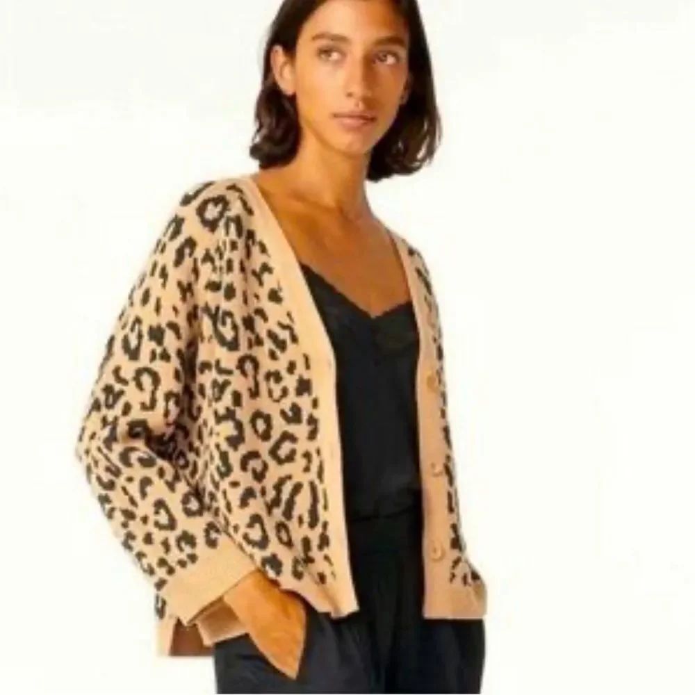 J. Crew V-neck Cropped Wool Blend Leopard Print Cardigan